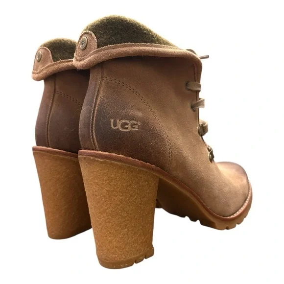 UGG Tan Heeled Lace Up Ankle Boots with Chunky Heel Rugged Sole Lined Size 8.5 - Picture 6 of 15